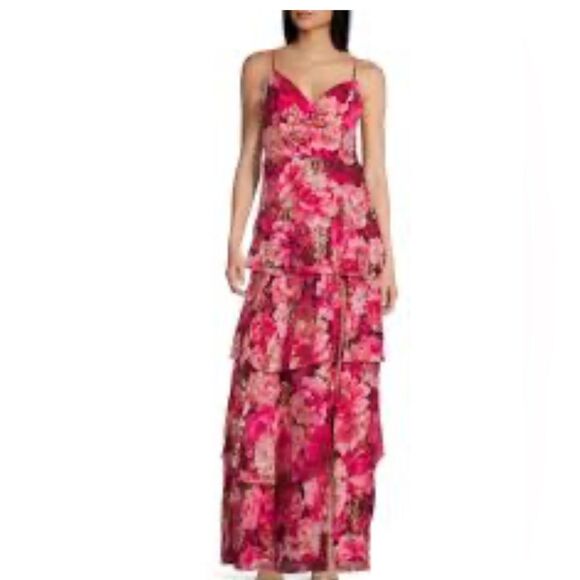 Crystal Doll Dresses & Skirts - Crystal Doll Juniors' Tiered Pink Floral-Print Lurex Maxi Dress Size 5 EUC